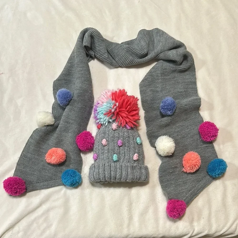 Colorful Pom-Pom Kids Scarf and Hat Set